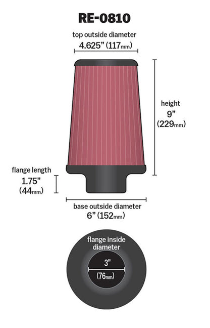 K&N Universal Air Filter | Round Tapered, 3in Flange, 9in Tall | RE-0810