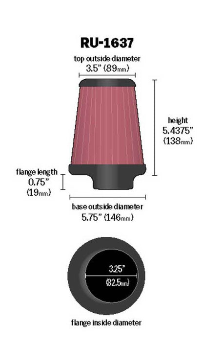 K&N Universal Air Filter | Round Tapered, 3.25in Flange, 5.438in Tall | RU-1637