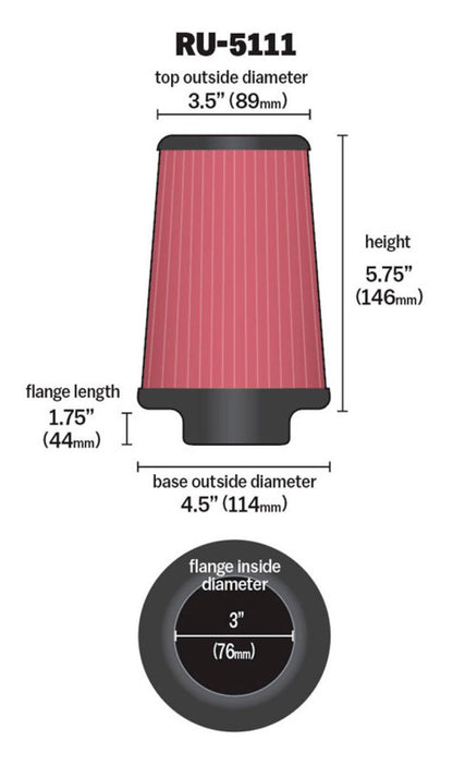 K&N Universal Air Filter | Round Tapered, 3in Flange, 5.75in Tall | RU-5111