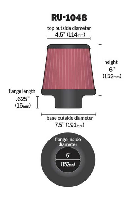 K&N Universal Air Filter | Round Tapered, 6in Flange, 6in Tall | RU-1048