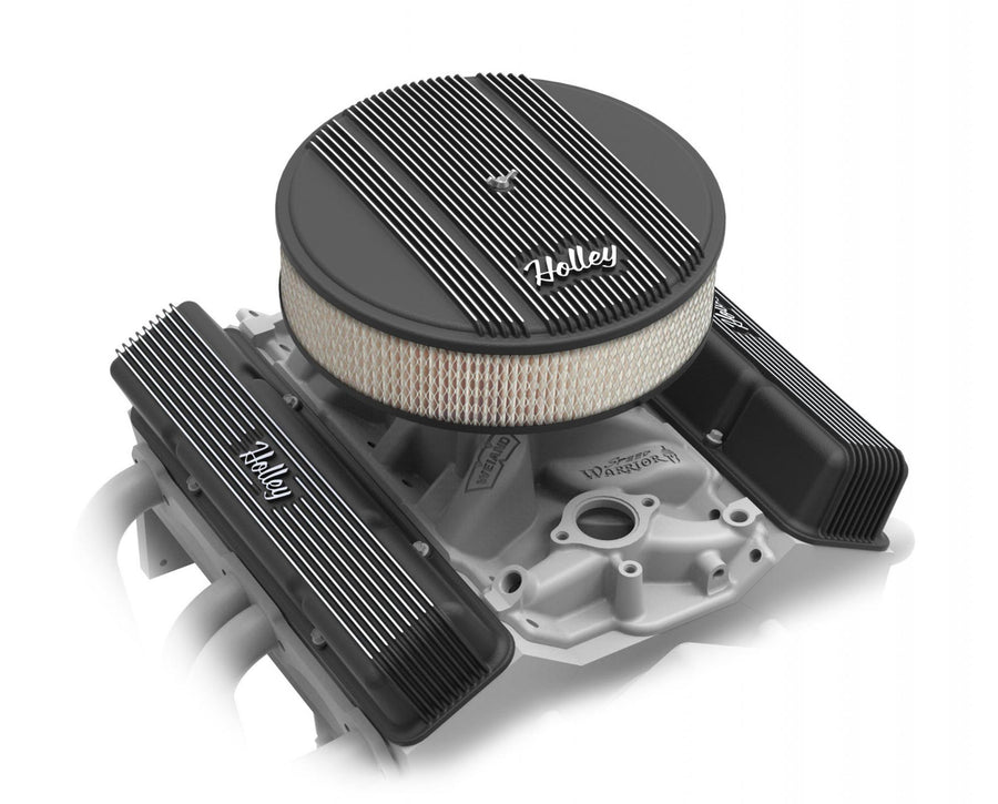 14 Round Finned Air Cleaner Black Finned Air Cleaner Assembly, 14 Round Design W/ 3 Paper Element, Die-Cast Aluminum, Fits 4150 & 4160 Carburetors w/5.125 Diameter Neck Holley