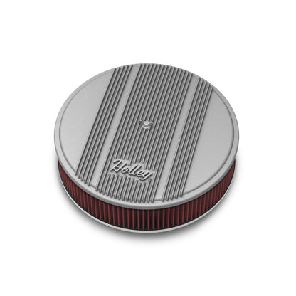 14 Round Finned Air Cleaner Natural Finish Air Cleaner Assembly, 14 Round Design W/ 3 Premium Filter Element, Die-Cast Aluminum, Fits 4150 & 4160 Carburetors w/5.125 Diameter Neck Holley