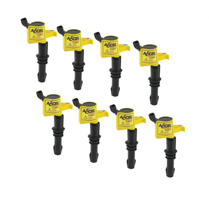 Direct Ignition Coil Kit Supercoil- 2004-2008 Ford 4.6L/5.4L/6.8L 3-Valve- Yellow- 8-Pack Supercoil With Shorter Black Boot For 2004-2008 Ford Modular 3V 4.6L/ 5.4L / 6.8L V10 Engines ACCEL