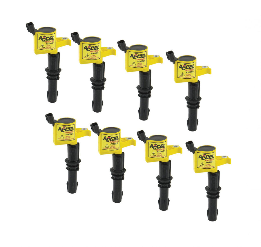Direct Ignition Coil Kit Supercoil- 2004-2008 Ford 4.6L/5.4L/6.8L 3-Valve- Yellow- 8-Pack Supercoil With Shorter Black Boot For 2004-2008 Ford Modular 3V 4.6L/ 5.4L / 6.8L V10 Engines ACCEL