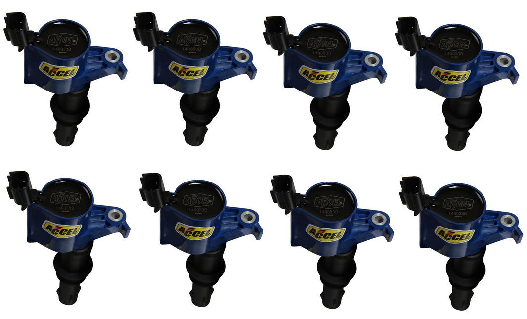 Direct Ignition Coil Kit Supercoil 2004-2008 Ford 4.6L/5.4L/6.8L 3-Valve- Blue 8-Pack Supercoil With Shorter Black Boot For 2004-2008 Ford Modular 3V 4.6L/ 5.4L / 6.8L V10 Engines ACCEL