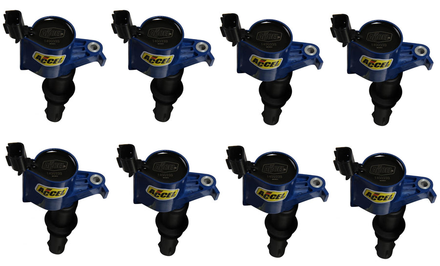 Direct Ignition Coil Kit Supercoil 2004-2008 Ford 4.6L/5.4L/6.8L 3-Valve- Blue 8-Pack Supercoil With Shorter Black Boot For 2004-2008 Ford Modular 3V 4.6L/ 5.4L / 6.8L V10 Engines ACCEL