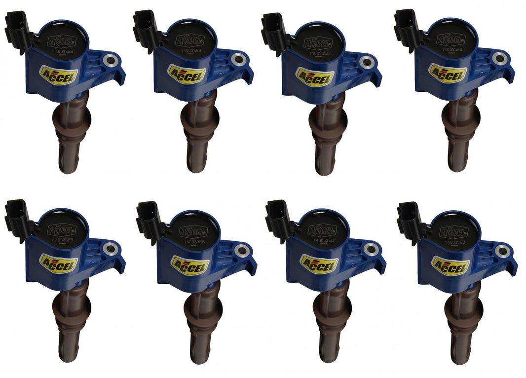 Direct Ignition Coil Kit Supercoil 2008-2014 Ford 4.6L/5.4L/6.8L 3-Valve, Blue, 8-Pack Supercoil With Extended Brown Boot For 2008-2014 Ford Modular 3V 4.6L/ 5.4L / 6.8L V10 Engines ACCEL