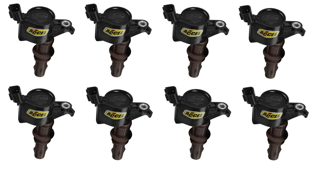 Direct Ignition Coil Kit Supercoil 2008-2014 Ford 4.6L/5.4L/6.8L 3-Valve, 8-Pack Supercoil With Extended Brown Boot For 2008-2014 Ford Modular 3V 4.6L/ 5.4L / 6.8L V10 Engines, Black ACCEL