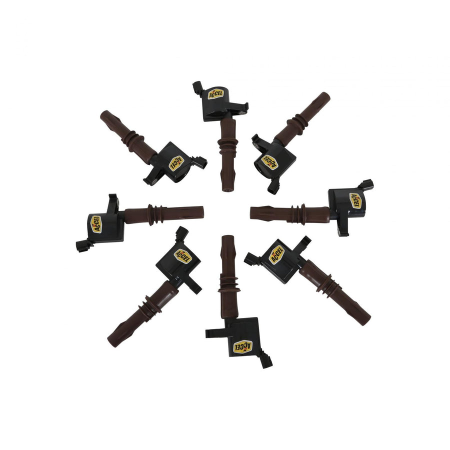 Direct Ignition Coil Kit Supercoil 2008-2014 Ford 4.6L/5.4L/6.8L 3-Valve, 8-Pack Supercoil With Extended Brown Boot For 2008-2014 Ford Modular 3V 4.6L/ 5.4L / 6.8L V10 Engines, Black ACCEL