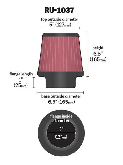 K&N Universal Air Filter | Round Tapered, 5in Flange, 6.5in Tall | RU-1037