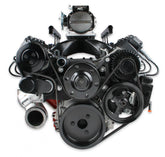 Premium Mid-Mount Complete Accessory System SFI Certified Damper Black Complete GM Gen V LT Accessory Drive System W/ Alt, P/S, A/C, Water Pump, SFI Certified Damper W/hard Anodized Billet Crank Pulley, Belts, and Crankshaft Damper Holley