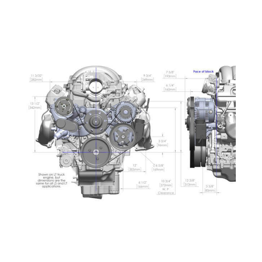 Mid-Mount Complete Accessory Drive System Gen V LT Engines Standard Damper Black Complete GM Gen V LT Accessory Drive System W/ Alt, P/S, A/C, Water Pump, Belts, and Crankshaft Damper Holley
