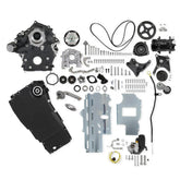 Godzilla High-Mount Accessory Drive F100 Swap Complete Black Fits Ford 7.3L Godzilla Includes Timing Cover/coolant Manifold, SD7 A/C Compressor, Alternator, P/S Pump, Tensioner, Water Pump, Belt & Pulleys, Oil Pump, and Oil Pan Holley