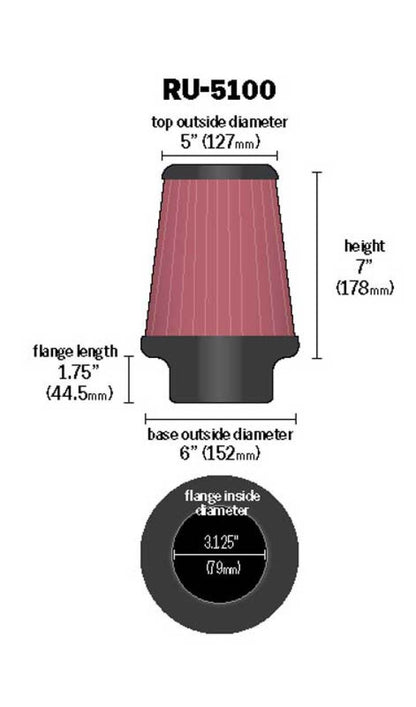 K&N Universal Air Filter | Round Tapered, 3.125in Flange, 7in Tall | RU-5100