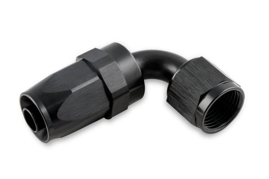 Swivel Hose End -8 AN 90 Degree Swivel Hose End Black Black Satin Anodized Finish Mr Gasket