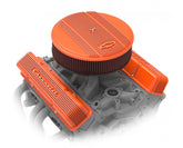 GM Licensed Vintage Series SBC Valve Covers Factory Orange Machined Finish GM Style Finned Script Perimeter Bolt Valve Cover Pair SBC Factory Orange Machined Finish Holley