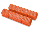 GM Licensed Vintage Series SBC Valve Covers Factory Orange Machined Finish GM Style Finned Script Perimeter Bolt Valve Cover Pair SBC Factory Orange Machined Finish Holley