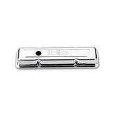 Embossed Valve Cover SBC Stamped Steel Chrome 1958-86 Chevrolet Small Block 283-400 Cubic Inch Logo Embossed in Each Cover 1 Breather/oil Fill Cap Opening Per Cover Holley