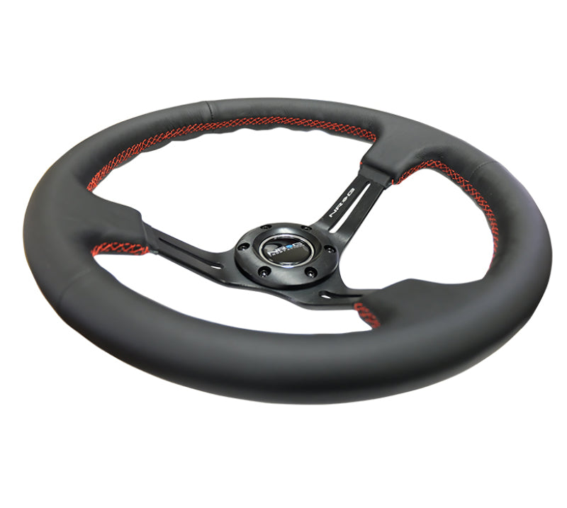 NRG Reinforced Steering Wheel (350mm / 3in. Deep) Black Leather/Red Stitch & Blk 3-Spoke w/Slits