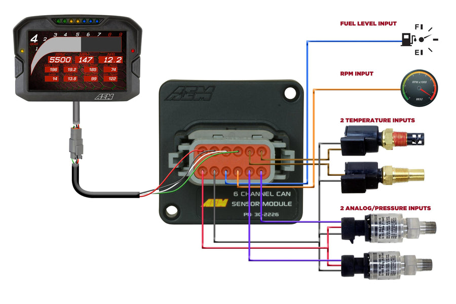 6 Channel CAN Module Converts two analog temp channels, two analog pressure channels, a tach input and fuel level input to AEMnet CANbus AEM Electronics