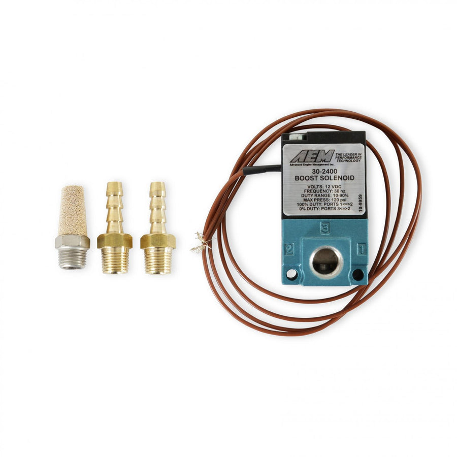 Boost Control Solenoid Kit 2 x 1/8 Inch NPT to 3/16 Inch Barb Adapter and Muffler AEM Electronics
