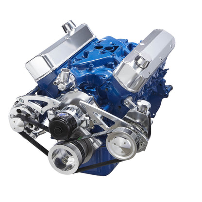 CVF Racing polished BEAST serpentine kit with alternator and power steering for Meziere 55 GPM electric water pump on Ford 289, 302 and 351W, 302-SERPENTINE-PS-EWP-55