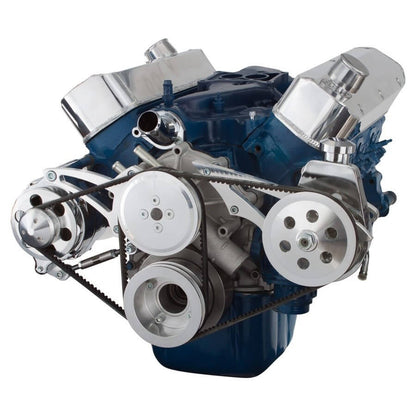 CVF Racing polished V-belt alternator and power steering system for Ford 289, 302 and 351W with shorty water pump, 302-SHORTY-PS-SYSTEM
