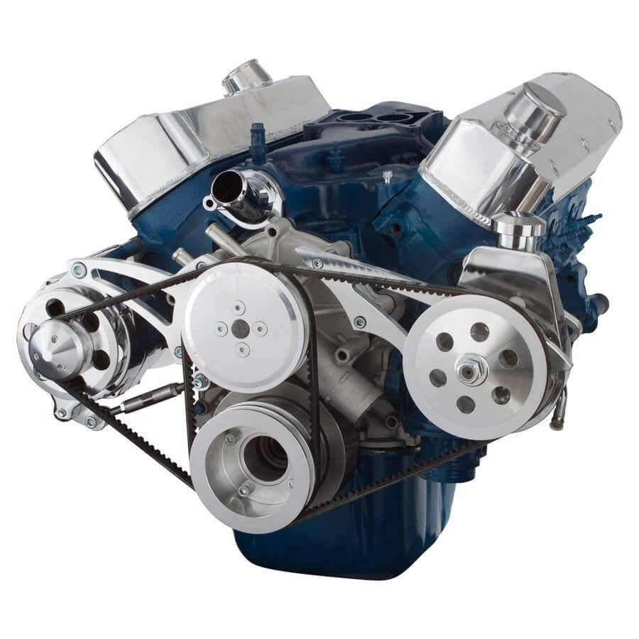 CVF Racing polished V-belt alternator and power steering system for Ford 289, 302 and 351W with shorty water pump, 302-SHORTY-PS-SYSTEM