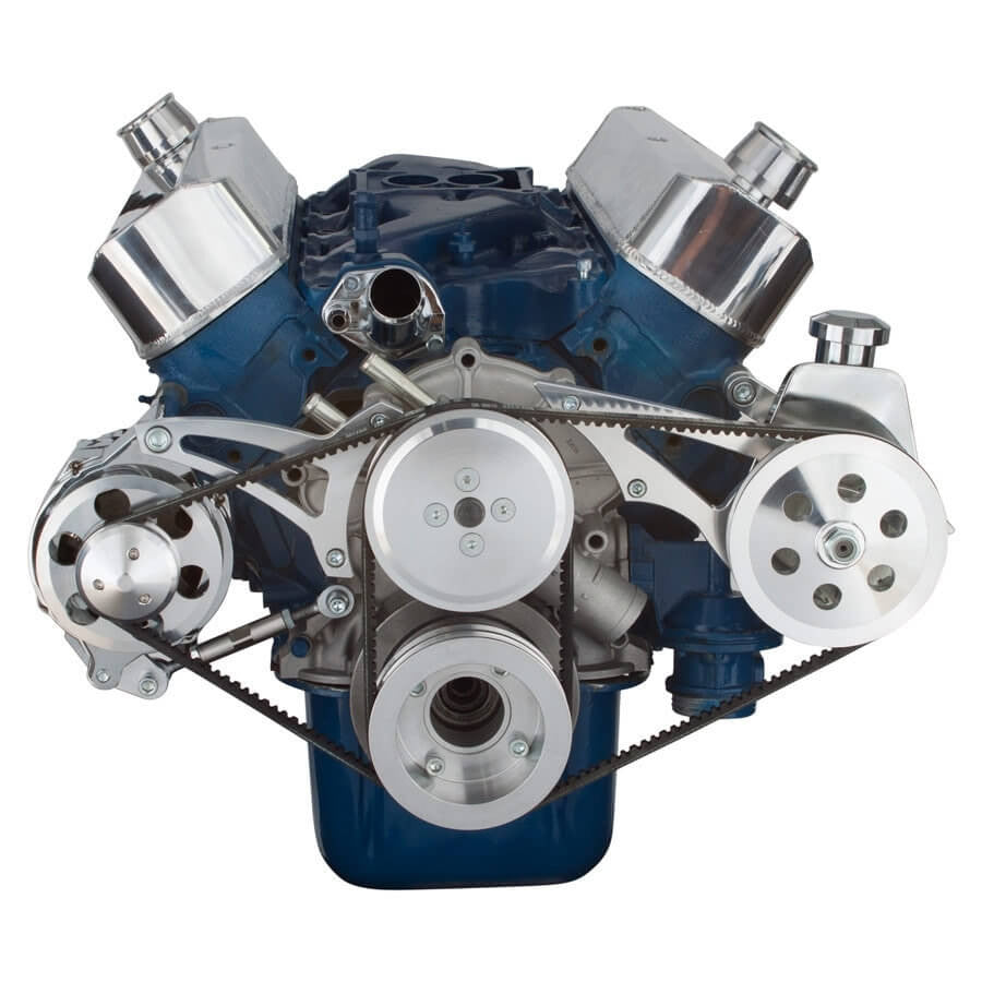 CVF Racing polished V-belt alternator and power steering system for Ford 289, 302 and 351W with shorty water pump, 302-SHORTY-PS-SYSTEM