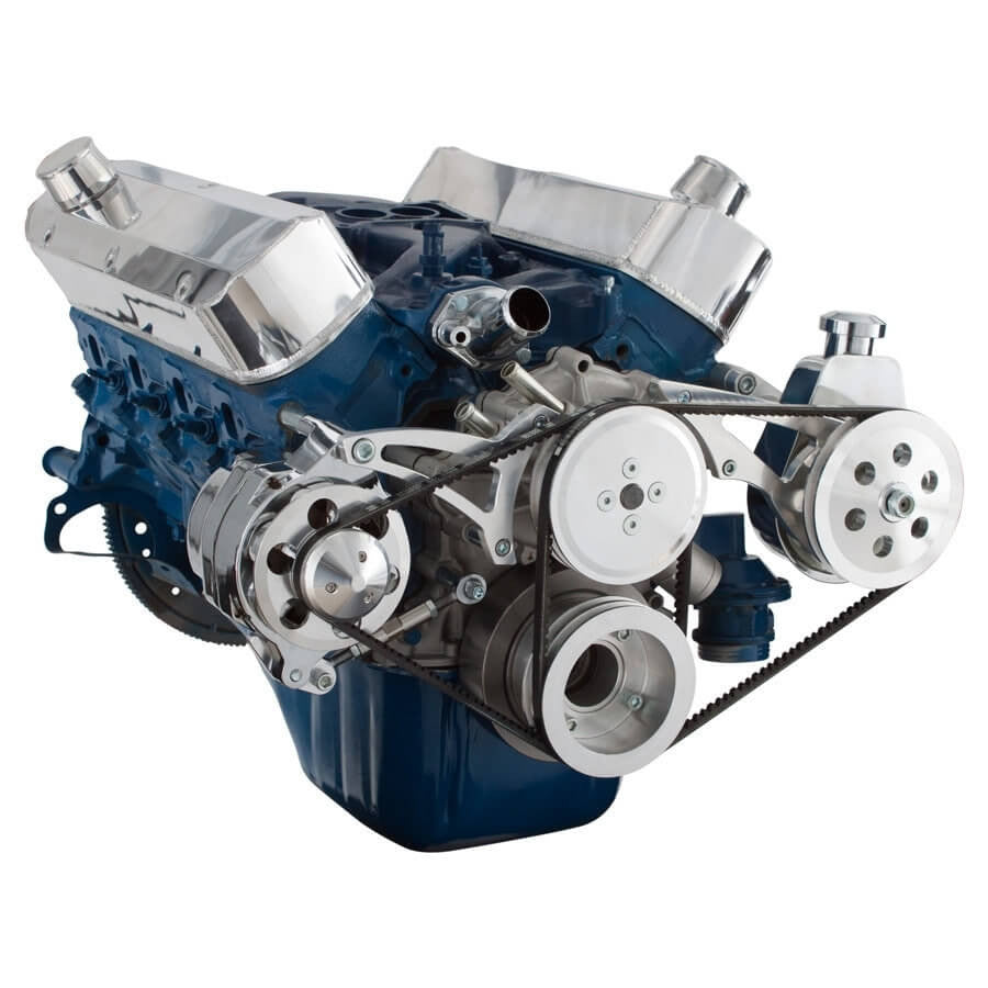 CVF Racing polished V-belt alternator and power steering system for Ford 289, 302 and 351W with shorty water pump, 302-SHORTY-PS-SYSTEM