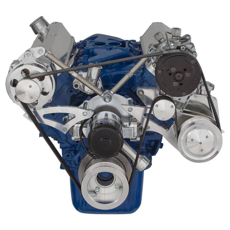 CVF Racing polished BEAST serpentine kit with A/C, alternator and power steering for Ford 289, 302 and 351W with electric water pump, 302-SERPENTINE-AC-EWP