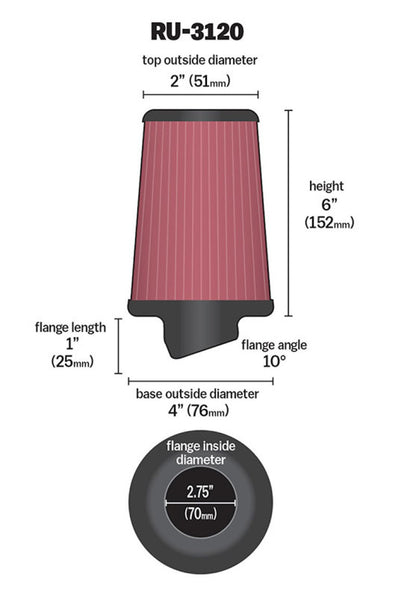 K&N Universal Air Filter | Round Tapered, 2.75in Flange, 6in Tall | RU-3120