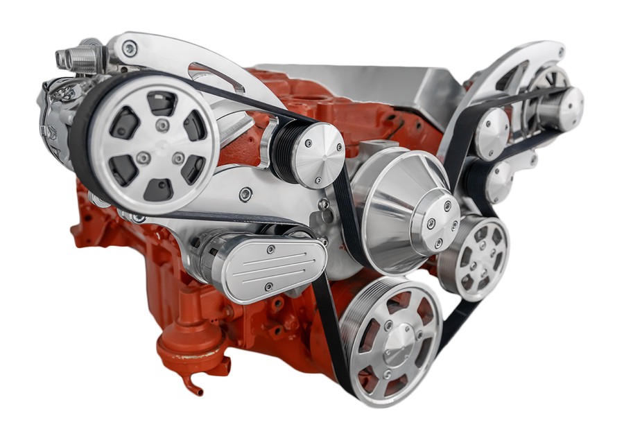 CVF Racing Polished or C3 Ceramic Clear Coat Wraptor wide mount serpentine system for Small Block Chevy 283, 302, 305, 327, 350 or 400, 350W-WRAPTOR