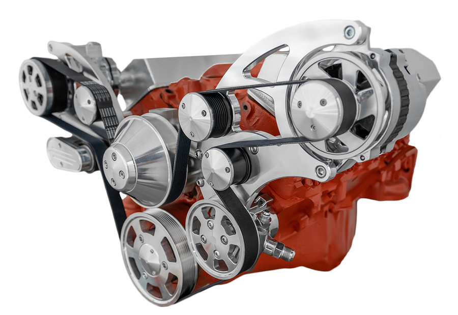 CVF Racing Polished or C3 Ceramic Clear Coat Wraptor wide mount serpentine system for Small Block Chevy 283, 302, 305, 327, 350 or 400, 350W-WRAPTOR