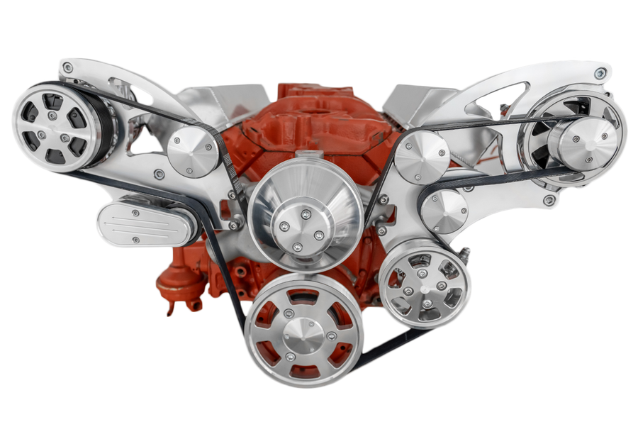 CVF Racing Polished or C3 Ceramic Clear Coat Wraptor wide mount serpentine system for Small Block Chevy 283, 302, 305, 327, 350 or 400, 350W-WRAPTOR
