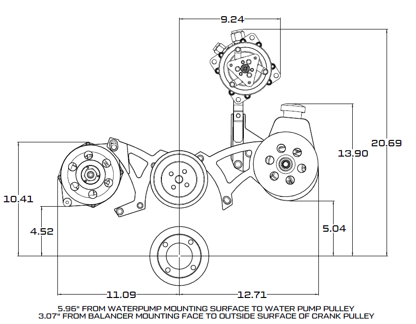 CVF Racing stealth black V-belt A/C, power steering and alternator system for Ford 351C, 351M and 400, B-351C-AC-SYSTEM