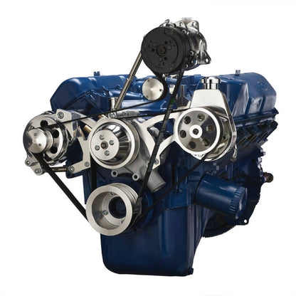 CVF Racing polished BEAST serpentine conversion kit with A/C, power steering and alternator for Ford 351C, 351C-SERPENTINE-AC