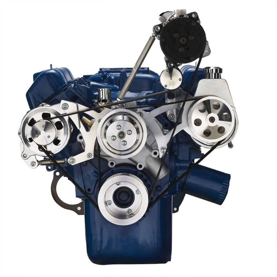 CVF Racing polished BEAST serpentine conversion kit with A/C, power steering and alternator for Ford 351C, 351C-SERPENTINE-AC