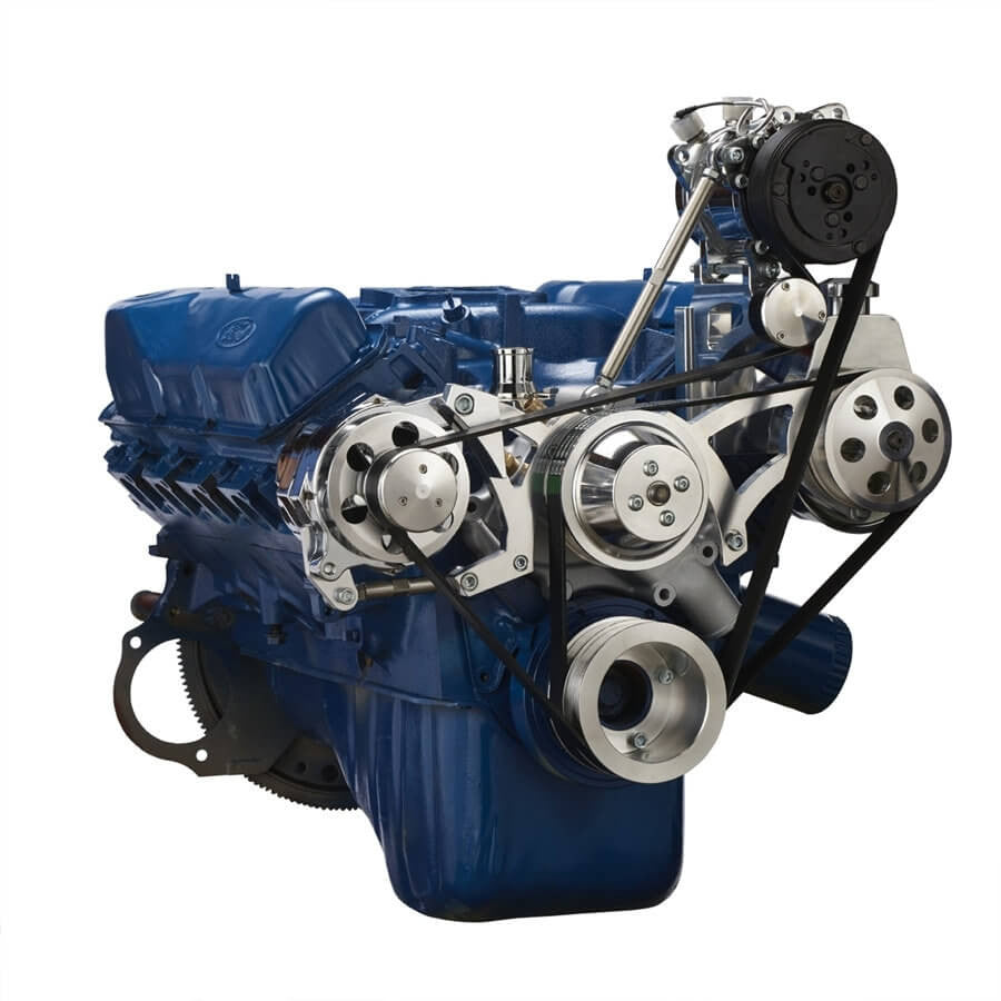 CVF Racing polished BEAST serpentine conversion kit with A/C, power steering and alternator for Ford 351C, 351C-SERPENTINE-AC