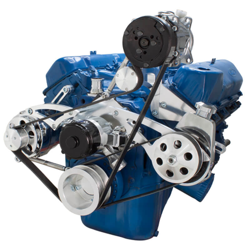 CVF Racing polished BEAST serpentine kit with A/C, power steering and alternator for Ford 351C electric water pump, 351C-SERPENTINE-AC-EWP