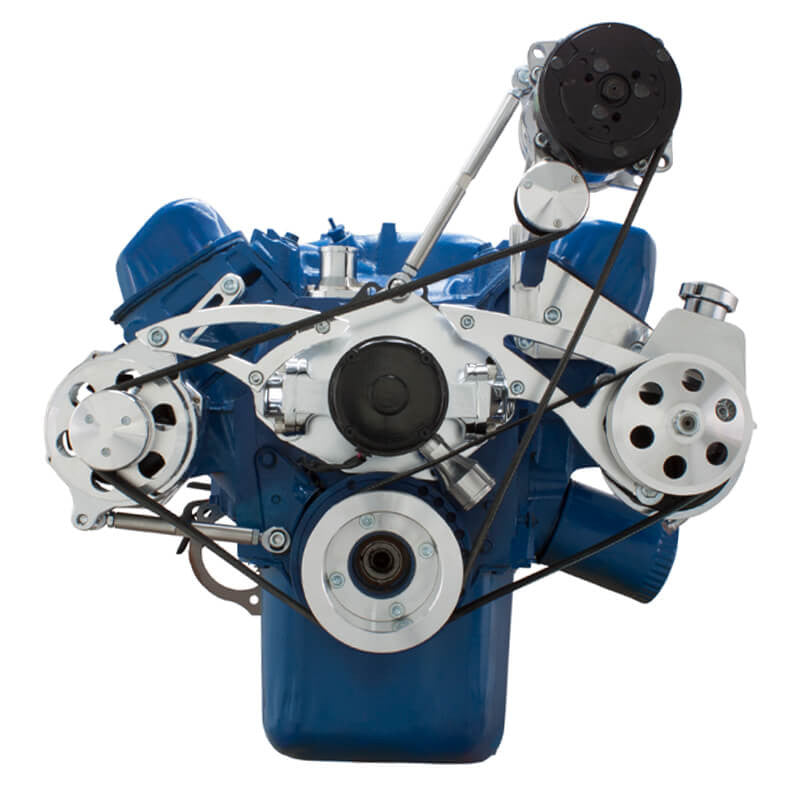 CVF Racing polished BEAST serpentine kit with A/C, power steering and alternator for Ford 351C electric water pump, 351C-SERPENTINE-AC-EWP
