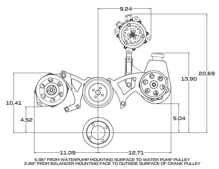 CVF Racing polished BEAST serpentine conversion kit with A/C, power steering and alternator for Ford 351C, 351C-SERPENTINE-AC