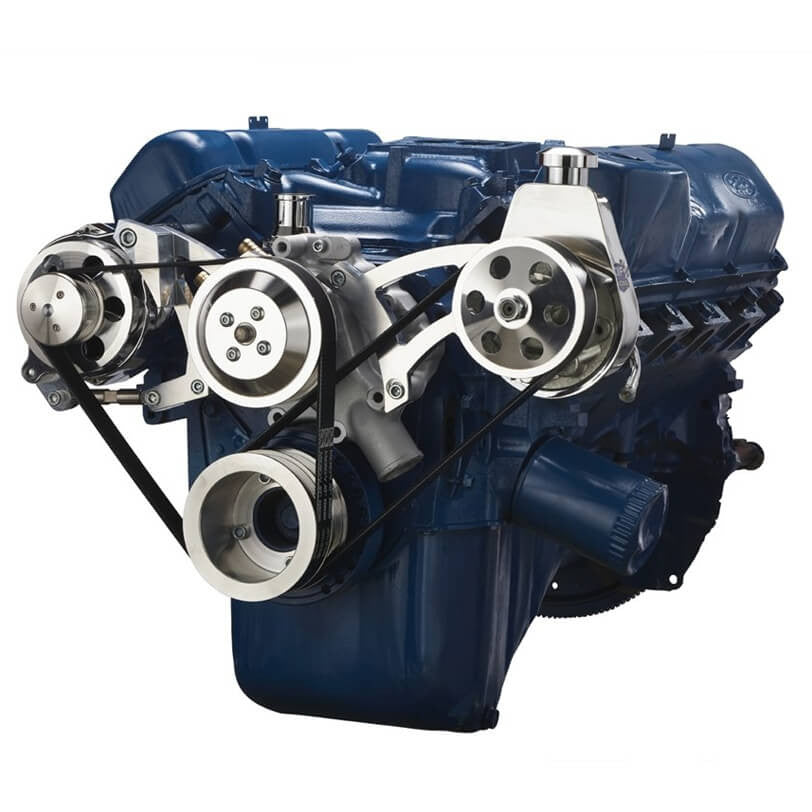 CVF Racing polished BEAST serpentine conversion kit with power steering and alternator for Ford 351C, 351C-SERPENTINE-PS
