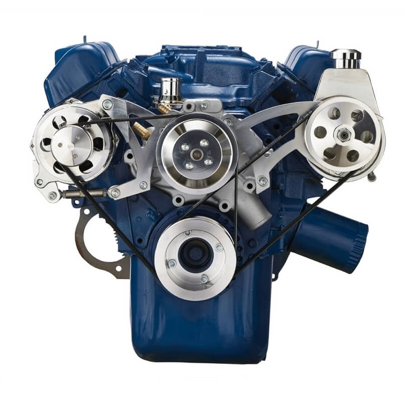 CVF Racing polished BEAST serpentine conversion kit with power steering and alternator for Ford 351C, 351C-SERPENTINE-PS