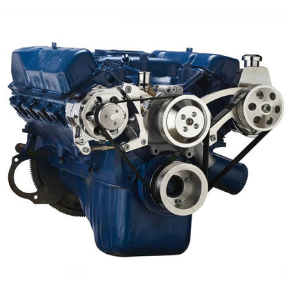 CVF Racing polished BEAST serpentine conversion kit with power steering and alternator for Ford 351C, 351C-SERPENTINE-PS