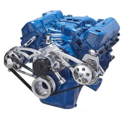 CVF Racing polished BEAST serpentine kit with power steering and alternator for Ford 351C electric water pump, 351C-SERPENTINE-PS-EWP