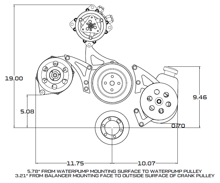 CVF Racing polished V-belt pulley and bracket system with A/C for Chrysler small block 318/340/360, 360-AC-SYSTEM