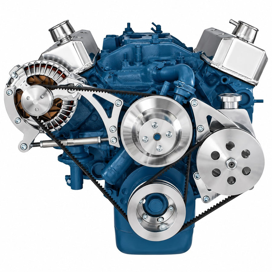 CVF Racing polished V-belt alternator and power steering pulley and bracket system for Chrysler small block 318/340/360, 360-PS-SYSTEM