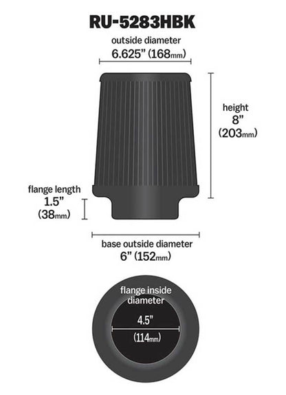 K&N Universal Air Filter | Round Tapered, 4.5in Flange, 8in Tall | RU-5283HBK