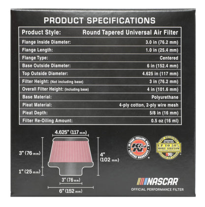 K&N Universal Air Filter | Round Tapered, 3in Flange, 3in Tall | RU-5288